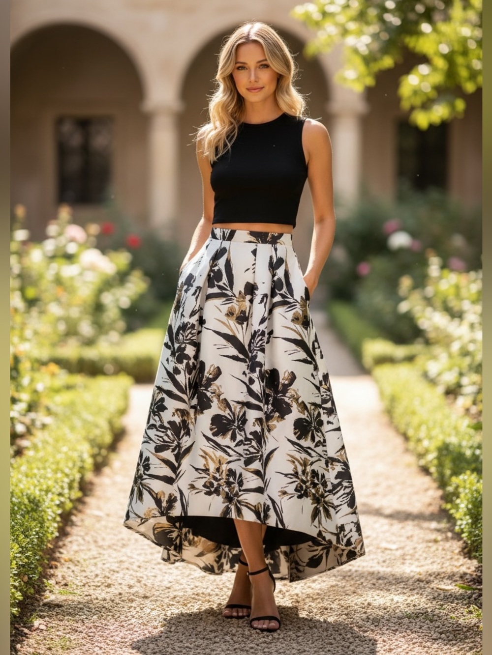 Eliza J High Low Floral Taffeta Maxi Skirt Set Black Sleeveless Crop Top Formal